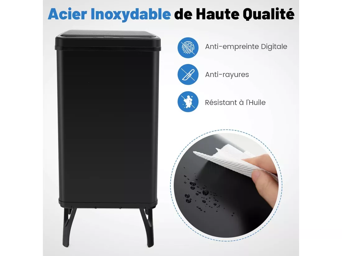 Poubelle Cuisine Automatique 50L en Acier Métal avec Cerclage, Poubelle Sur Pieds Détachables, Capteur Fermeture Automatique Douce, Anti-Empreintes, Interrupteur (Noir)