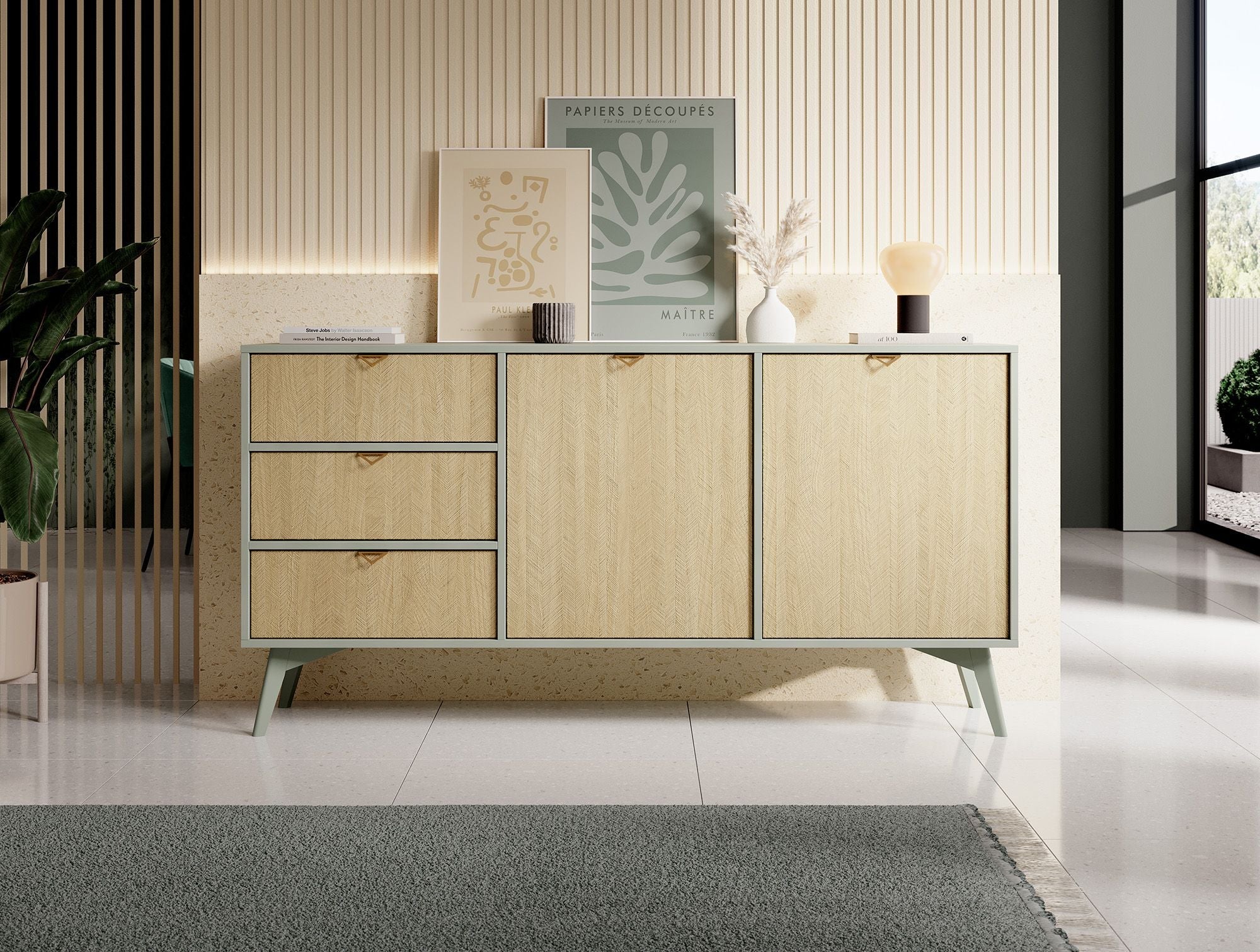 Meubella - Dressoir Essence - Groen - Licht eiken - 158 cm