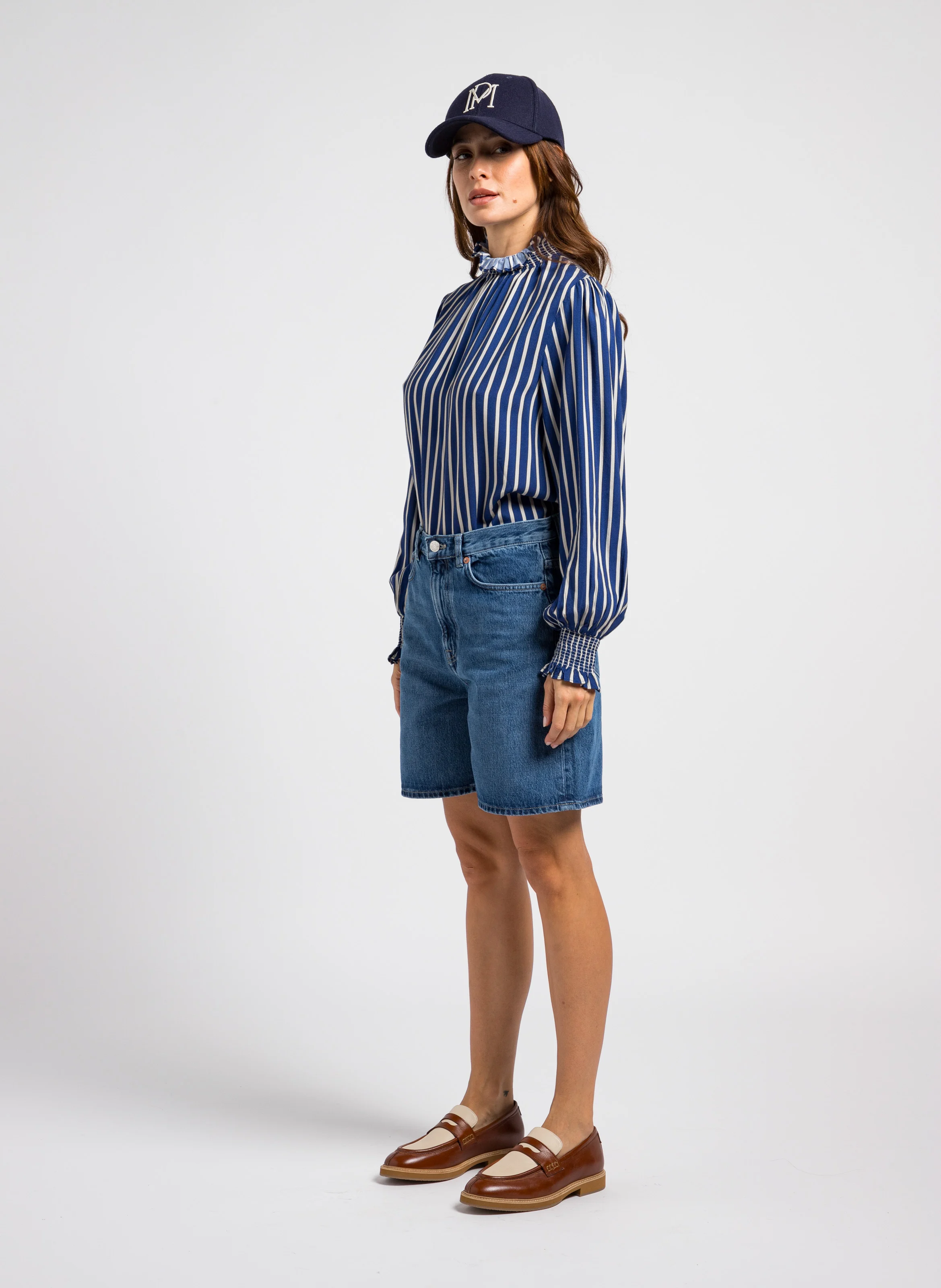 TONIA - Blouse à volants rayée | Bleu