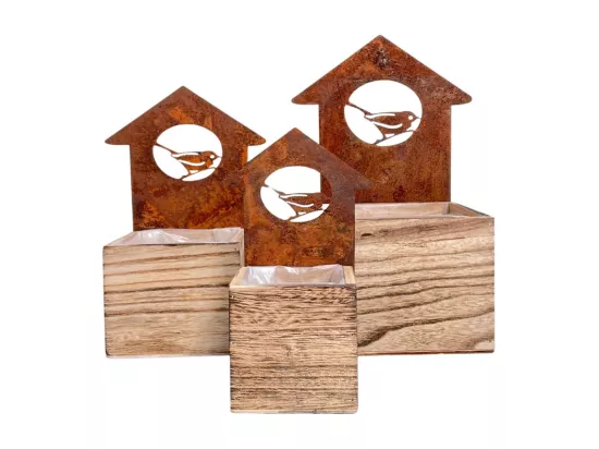 Set3 jardinières extérieures jardin bois métal marron 20-25-30cm