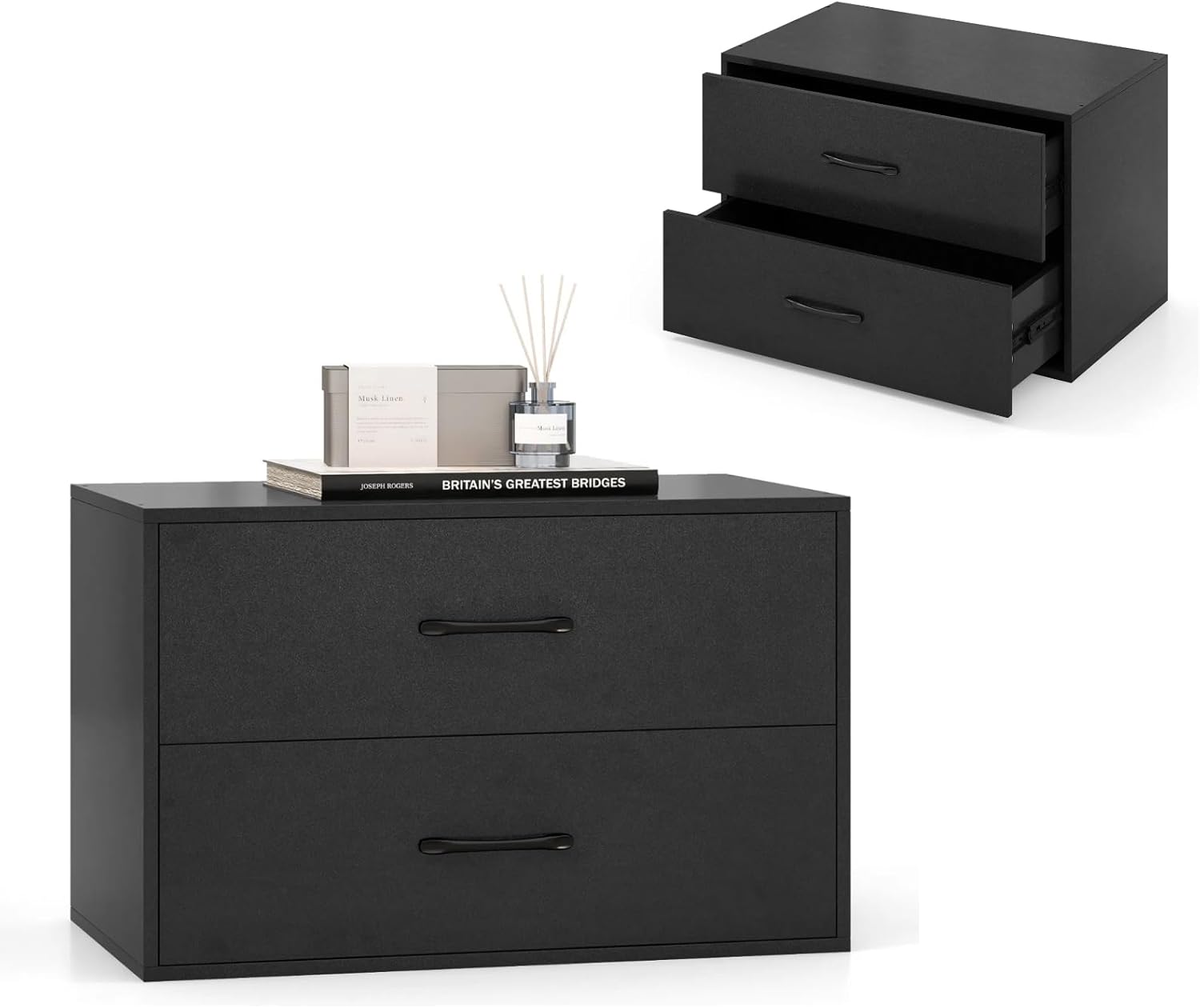 KOMFOTTEU Kommode mit 2 Schubladen, Sideboard stapelbar, Schubladenkommode mit Kippschutz, Aufbewahrungsschrank aus Holz, Schubladenschrank für Schlafzimmer, Wohnzimmer, 60 x 34 x 38 cm (Schwarz)