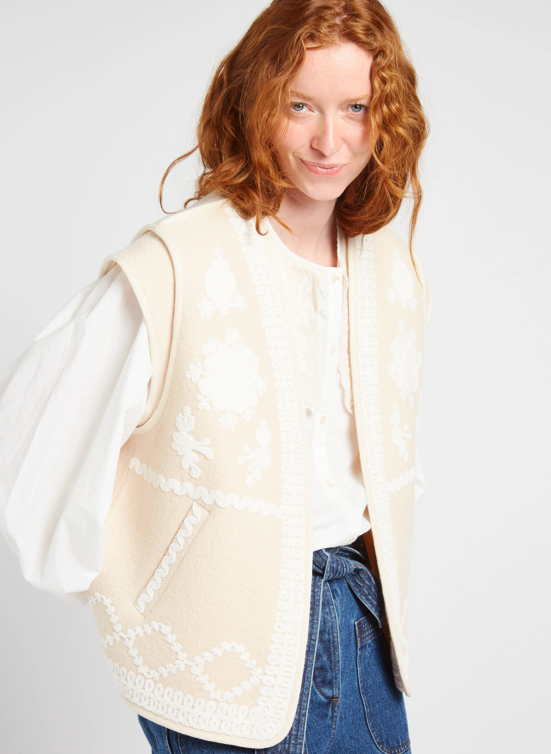 ANDREW - Veste brodée en laine | Beige