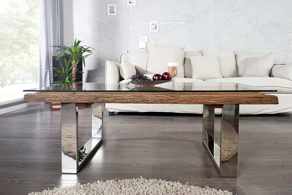 Eindrucksvoller Couchtisch BARRACUDA 110cm antik Teakholz mit Kufengestell und Glas
