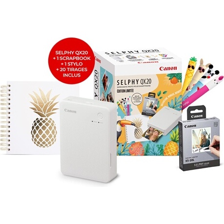 Imprimante photo Canon Kit Summer Selphy QX20 Blanc + 1 carnet et 20 tirages inclus 2026