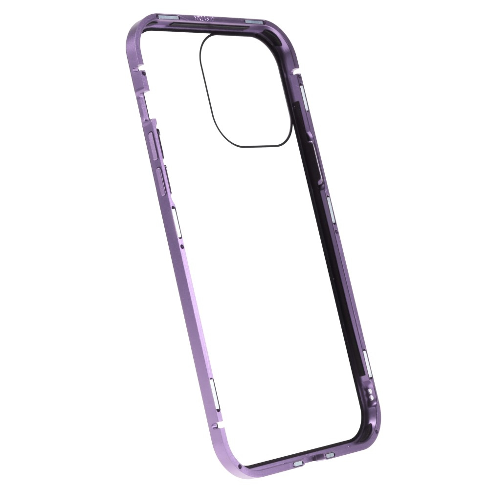 iPhone 14 Pro Magnetische Alu Schutzhülle mit Panzer Glas Backcover   Privacy Glas Displayschutz (Magnet-Technologie) - Violett