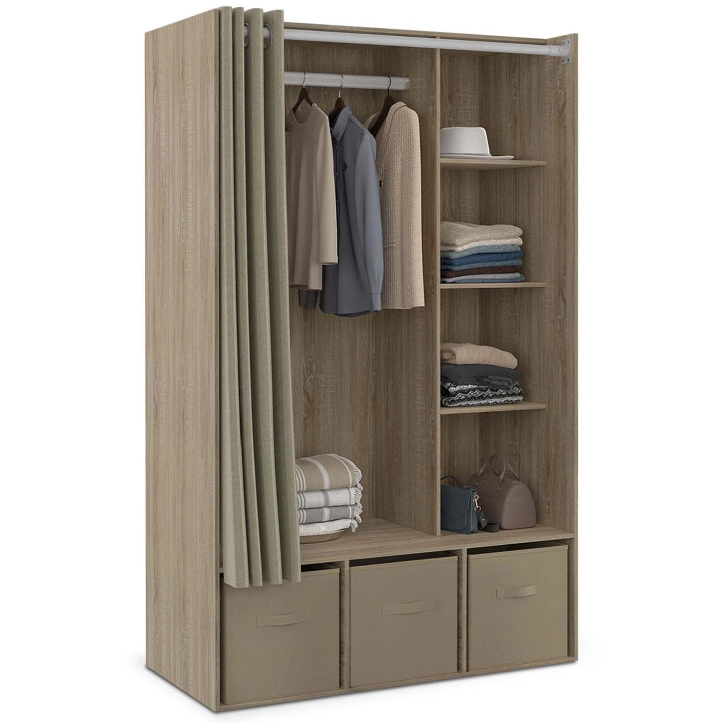 Dressing penderie DIANE 105 x 50 x 172 cm hêtre avec étagères + boites de rangement + rideau taupe