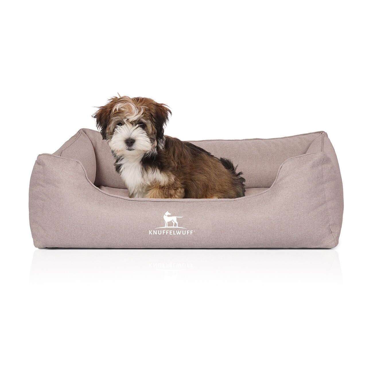 Knuffelwuff Orthopädisches Hundebett Luisa aus Velours mit feinem Handwebcharakter Sunshine Edition beige M-L