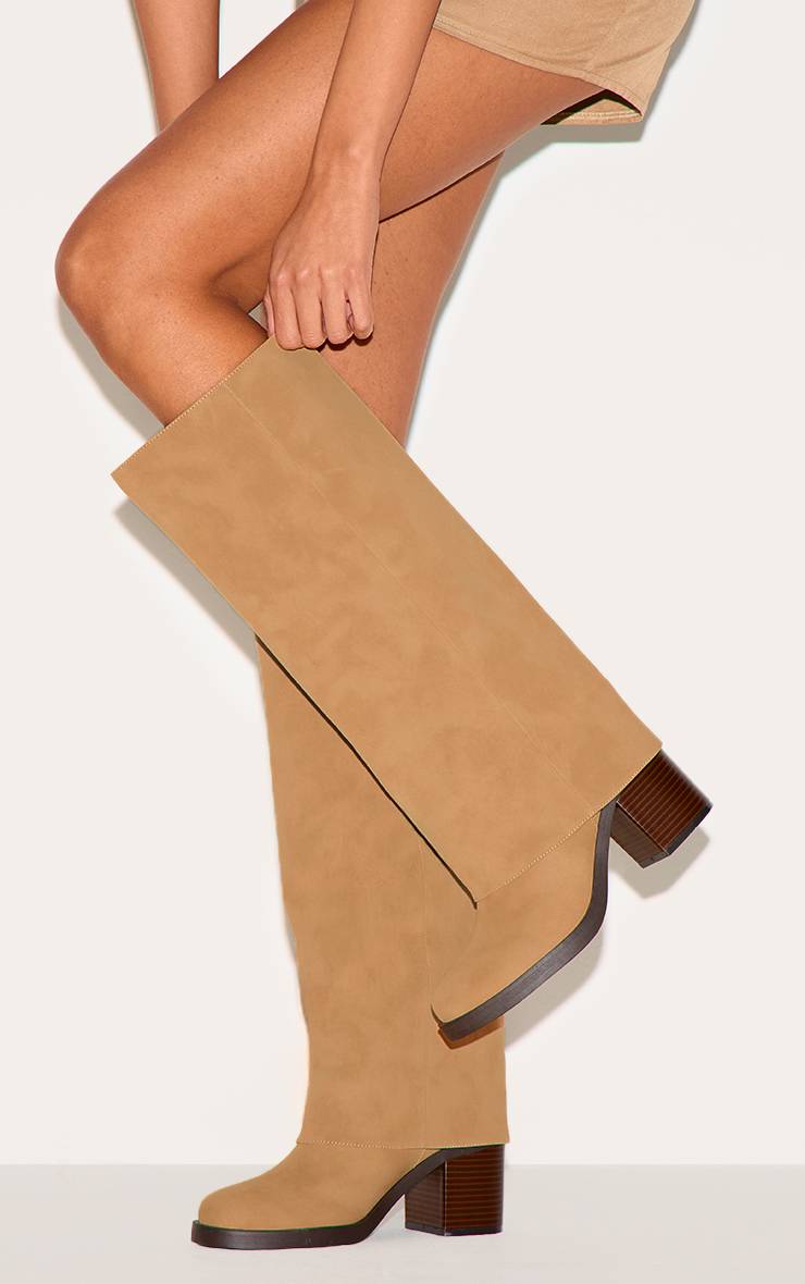 Taupe Bottes Camel En Faux Nubuck À Bout Rond Avec Revers Et Petit Talon Bloc