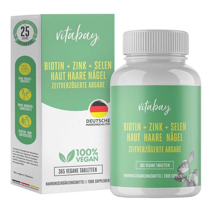 Biotin + Zink + Selen Haut + Haare + Nägel vegan Tabletten, 365 St