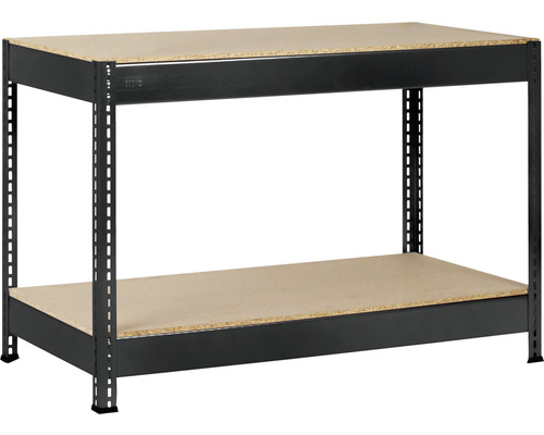 Robuuste stellingkast, boutloze stelling, werkbank, Schulte, zwarte structuurlak, 87x130x60 cm, 2 houten legplanken met 1 cm spaanplaat, draagvermogen 500 kg