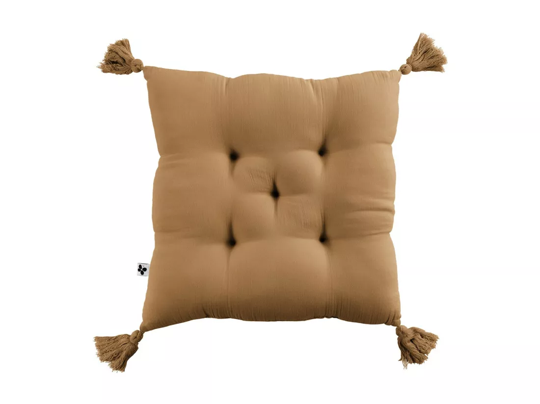 OUREA - Coussin Capitonné 40x40cm avec Pompons Gaze de Coton Camel