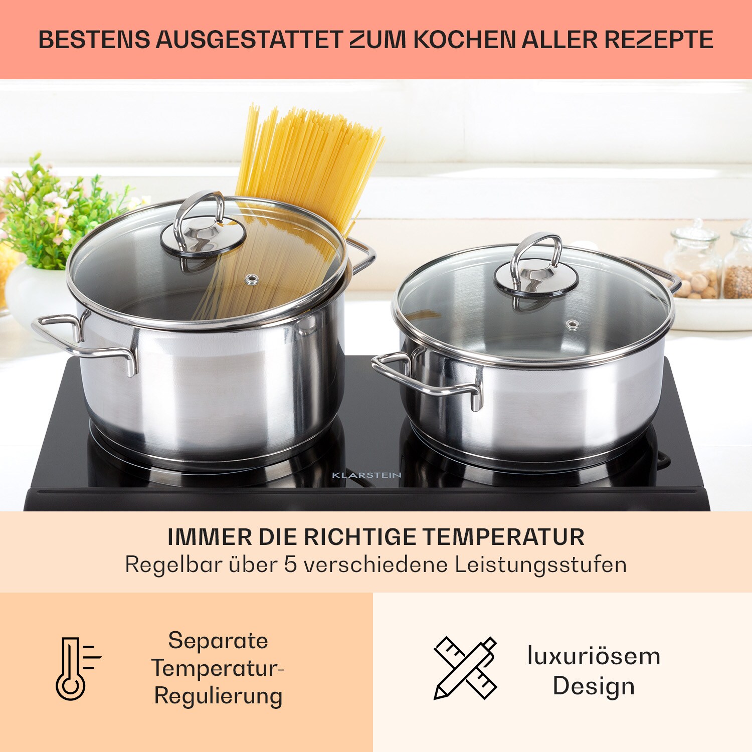 Cookbuddy Doppel-Kochfeld 2400W 5 Leistungsstufen Glaskeramik Schwarz