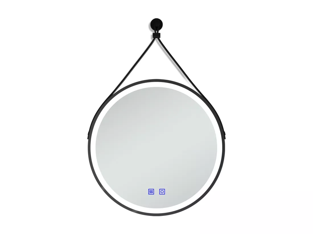 AICA Miroir salle de bain rond LED 50cm tricolore + anti-buée + dimmable + mémoire,avec ceinture en cuir amovible,noir