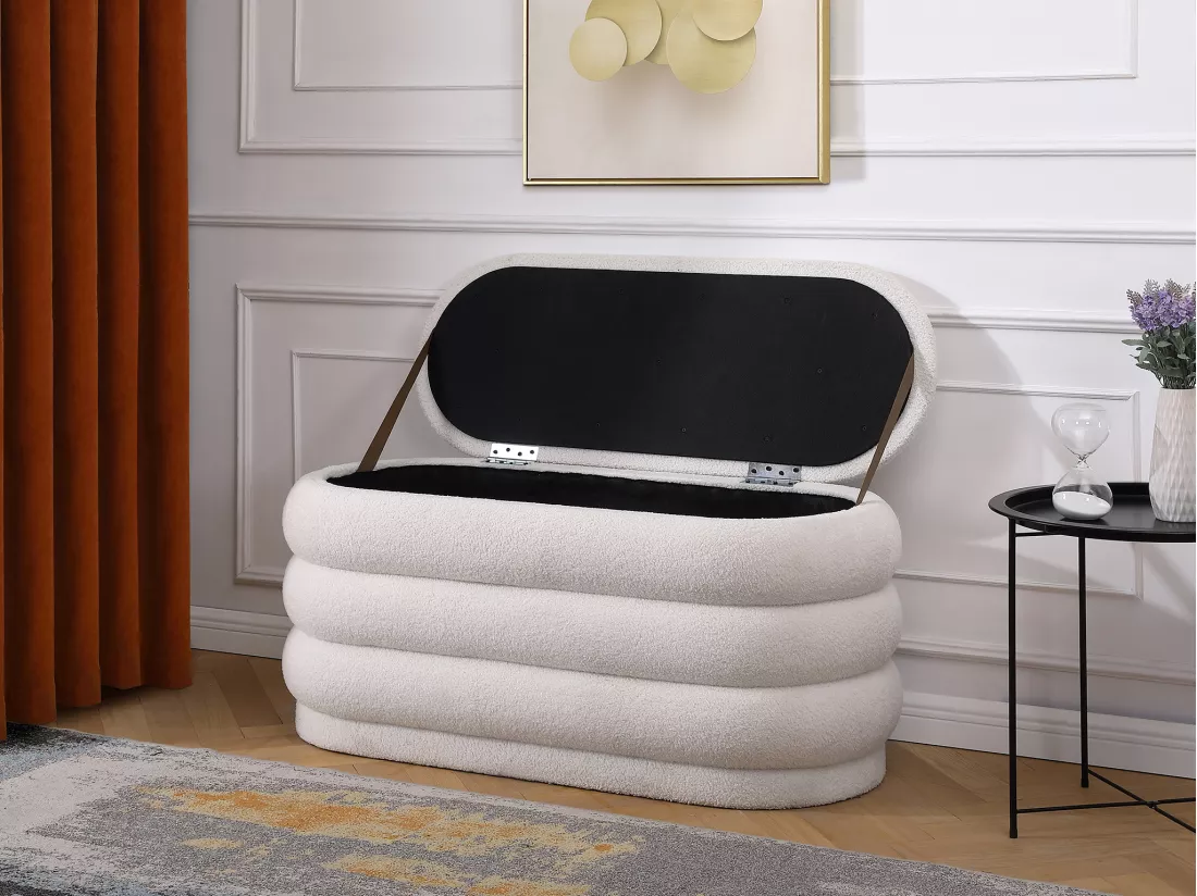 Banc coffre - Tissu bouclette - Blanc - ECAMBI
