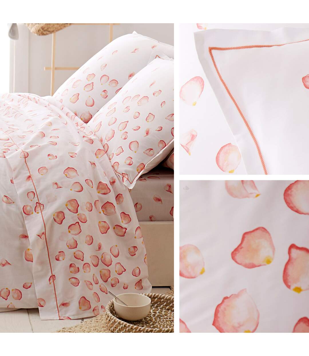 Drap housse imprimé 200x200 cm satin de coton PETALES blanc