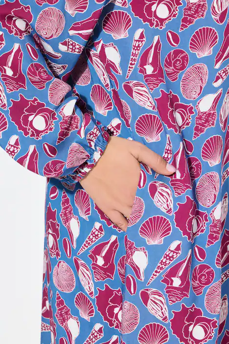 Midikleid, Muscheln, Oversized, V-Ausschnitt, Langarm, petrolblau