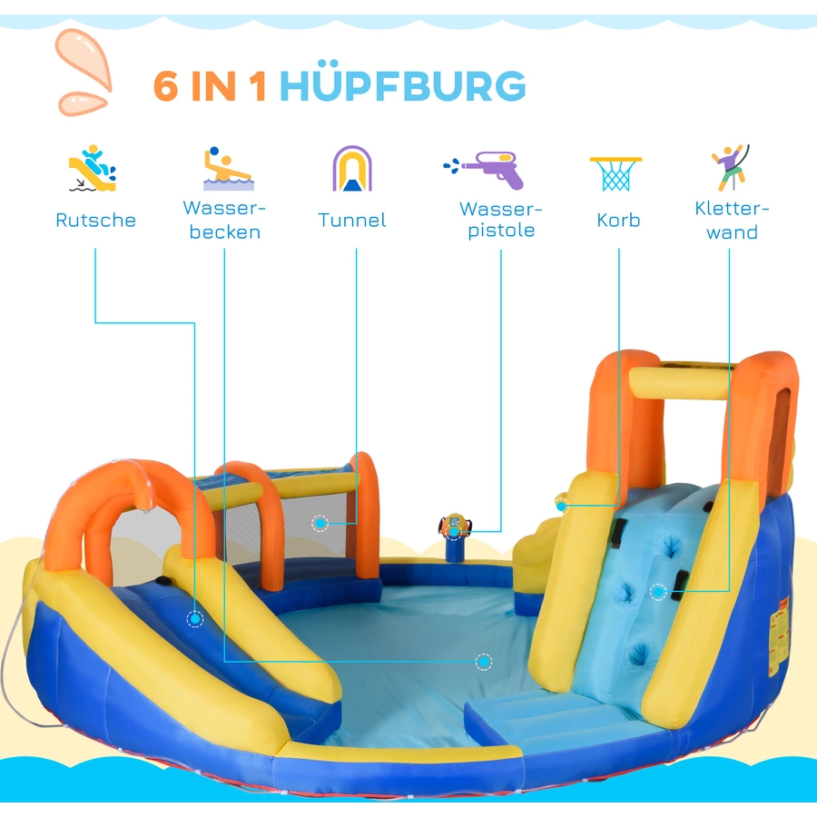 Outsunny Hüpfburg mit Rutsche, Kletterwand, Tunnel und Wasserbecken bunt