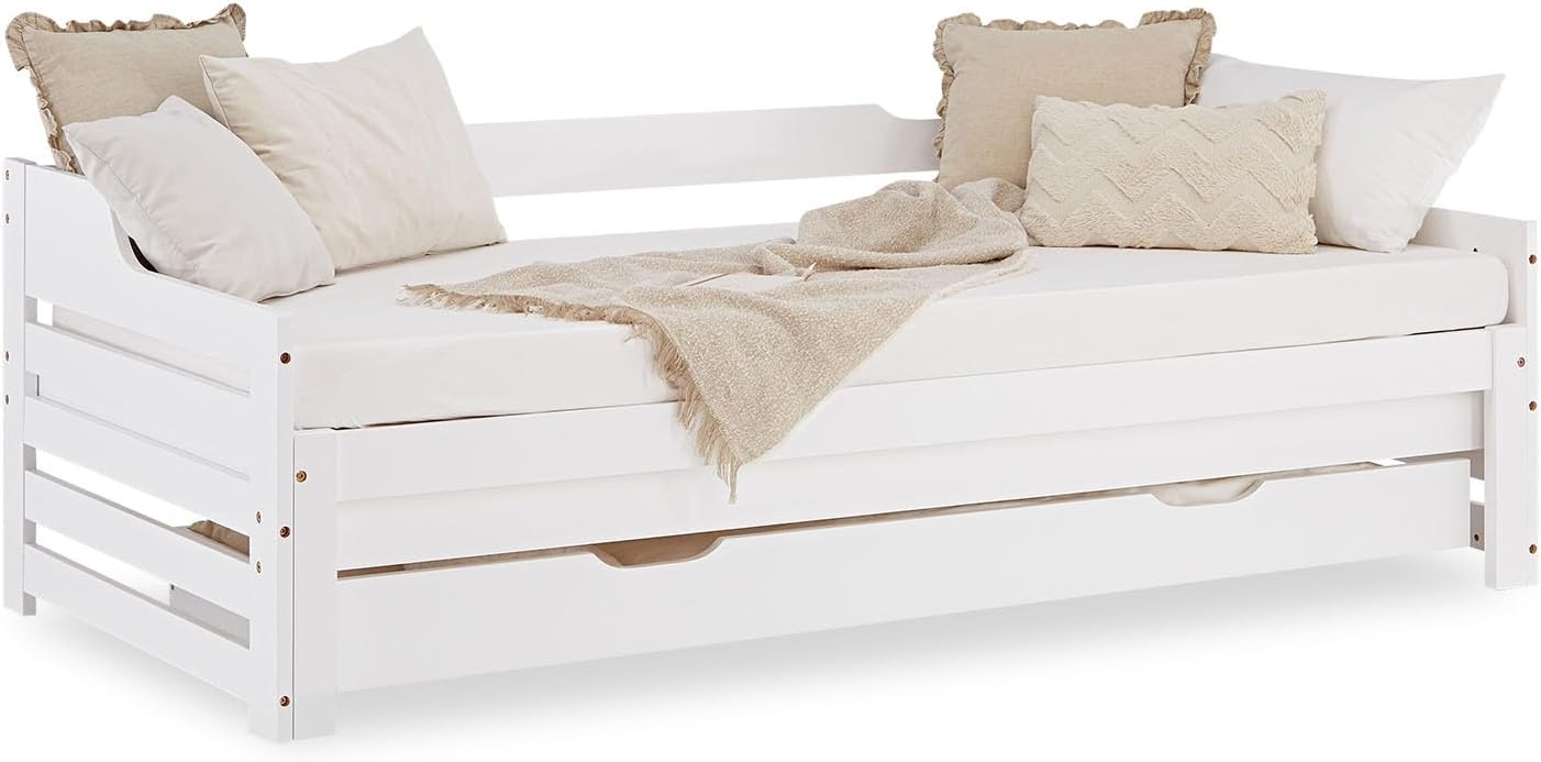 Homestyle4u Kinderbett Einzelbett Holzbett Tagesbett 90x200 ausziehbar Weiß mit Schublade Lattenrost Ausziehbett Kiefer massiv Holz