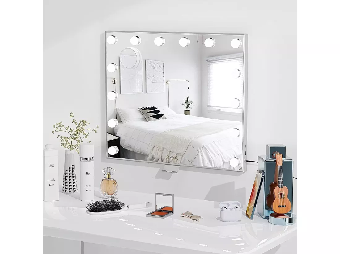 Miroir Maquillage Hollywood 60 x 53cm avec Lumière 14 Ampoules,Miroir Maquillage LED 3 Modes Réglables Contrôle Tactile Connecté USB