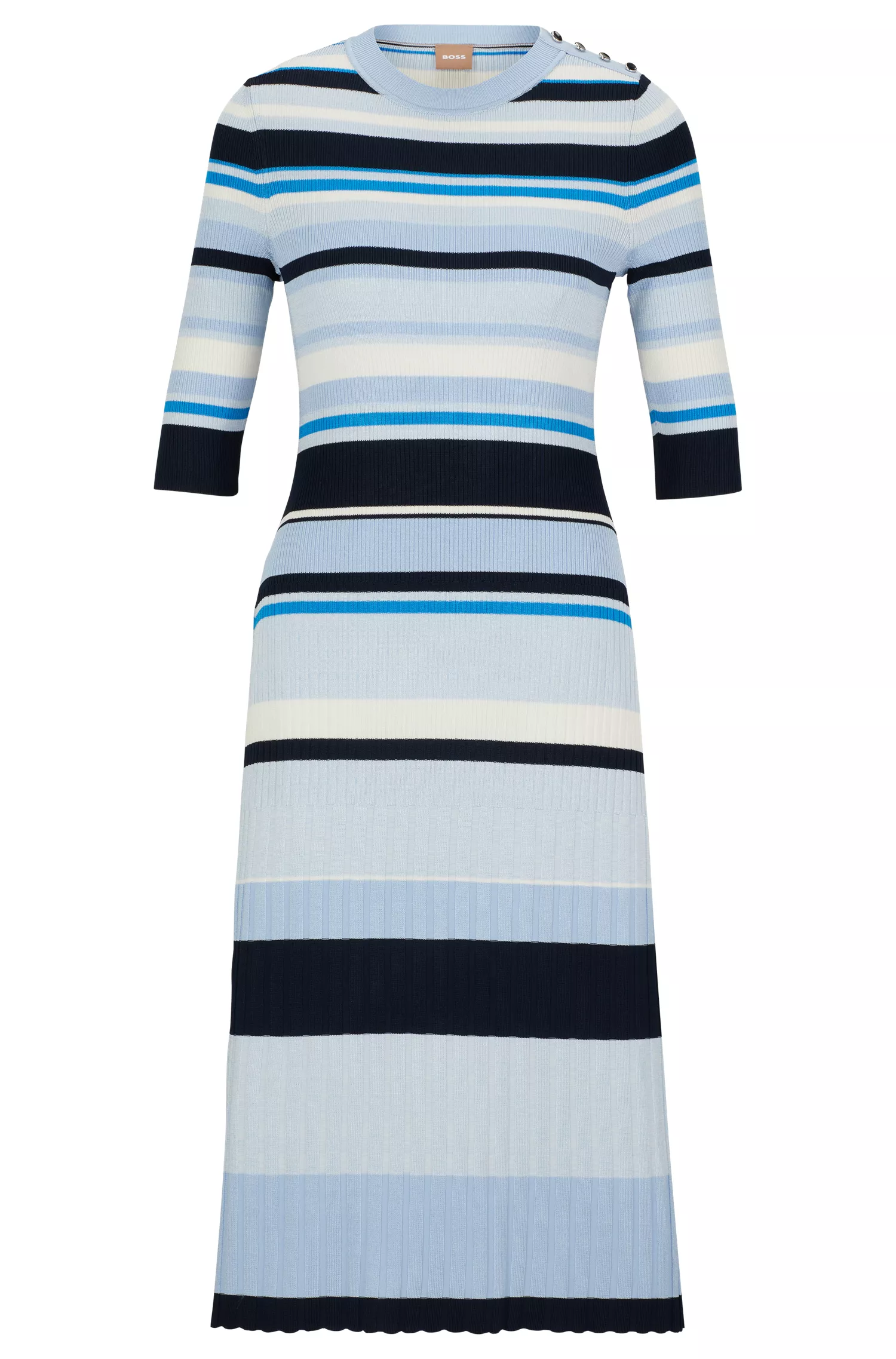 Vestido BOSS preto em malha canelada com detalhe de botões.