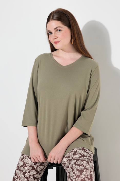 Shirt, Rippjersey, V-Ausschnitt, 3/4-Arm, Biobaumwolle