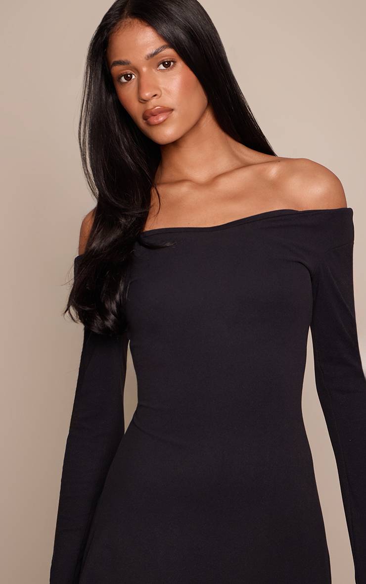 Noir Robe Droite À Manches Longues Et Col En V En Tissu Doux Pour Femmes Grandes Tailles