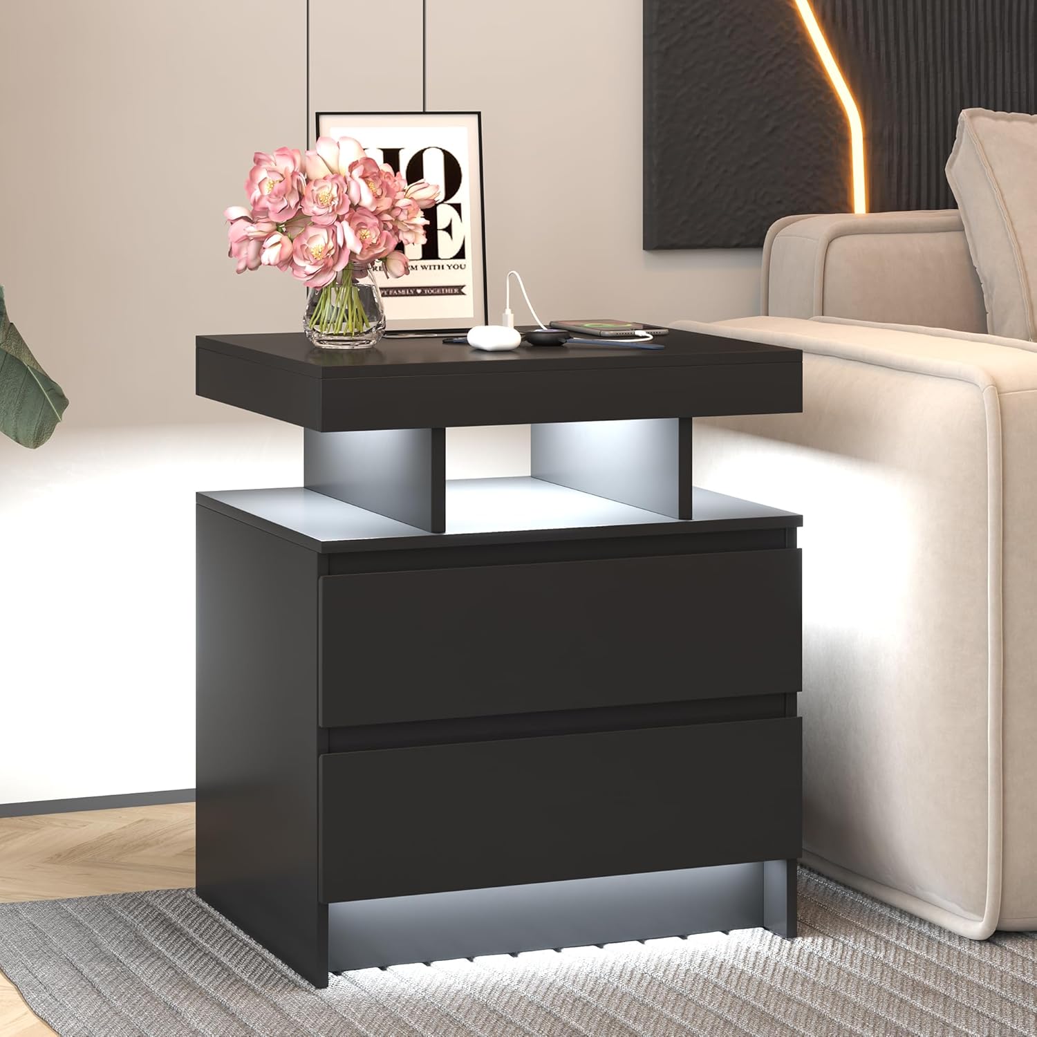 Vlsrka LED Nachttisch mit Ladestation, Nachttisch mit 3 Farben Licht, Smart Nachttische mit Drahtloses Laden, Nachtkästchen mit 2 Schubladen, Moderner Nachtschrank Schlafzimmer Wohnzimmer, Schwarz