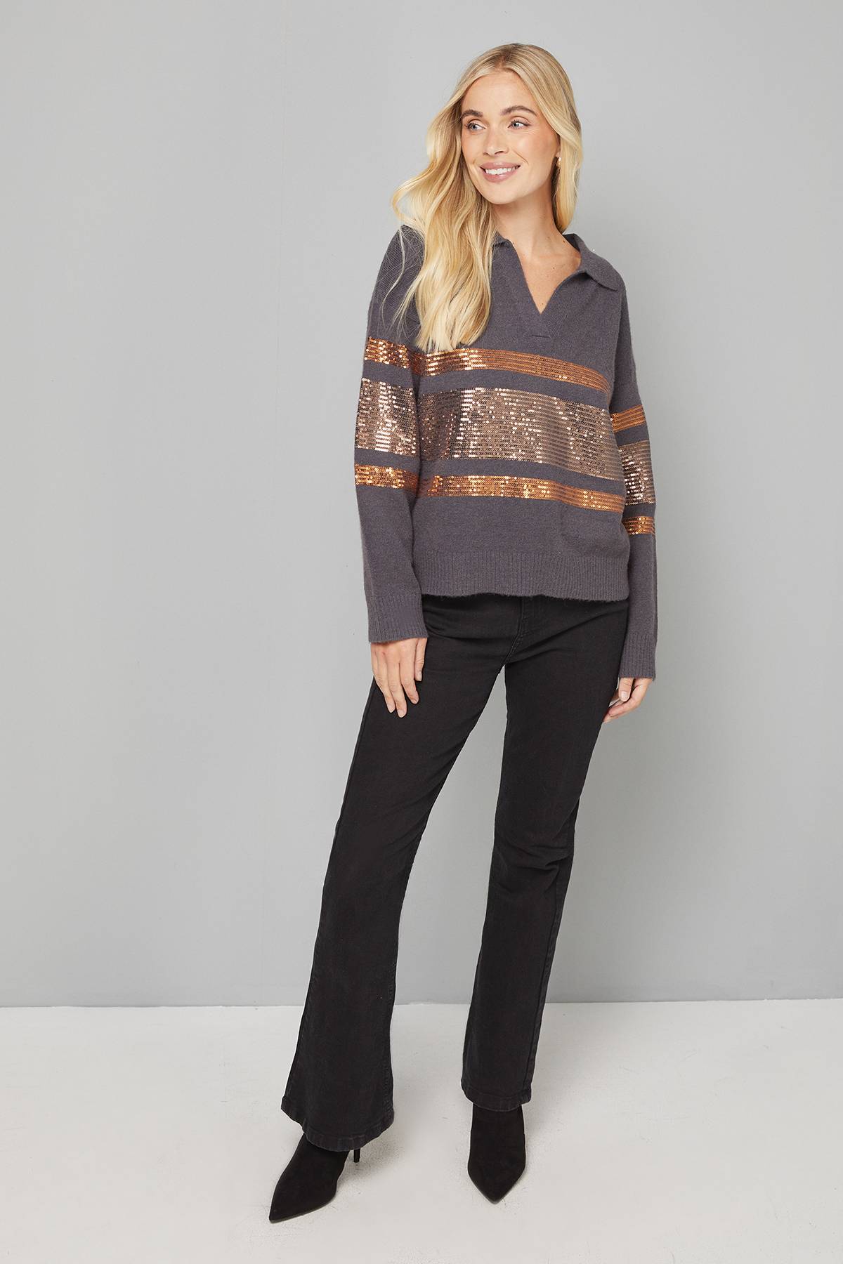 Wallis synthétiquell Polo Petite à Sequins Disposés Anthracite