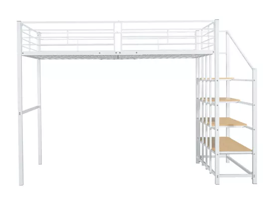Lit mezzanine 140 x 200, construction métallique robuste avec un espace de rangement généreux sous le lit et l'escalier,blanc