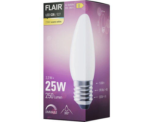 FLAIR LED kaarslamp, dimbaar, C35 E27/2,2W (25W) 250 lm 2700 K warm wit mat