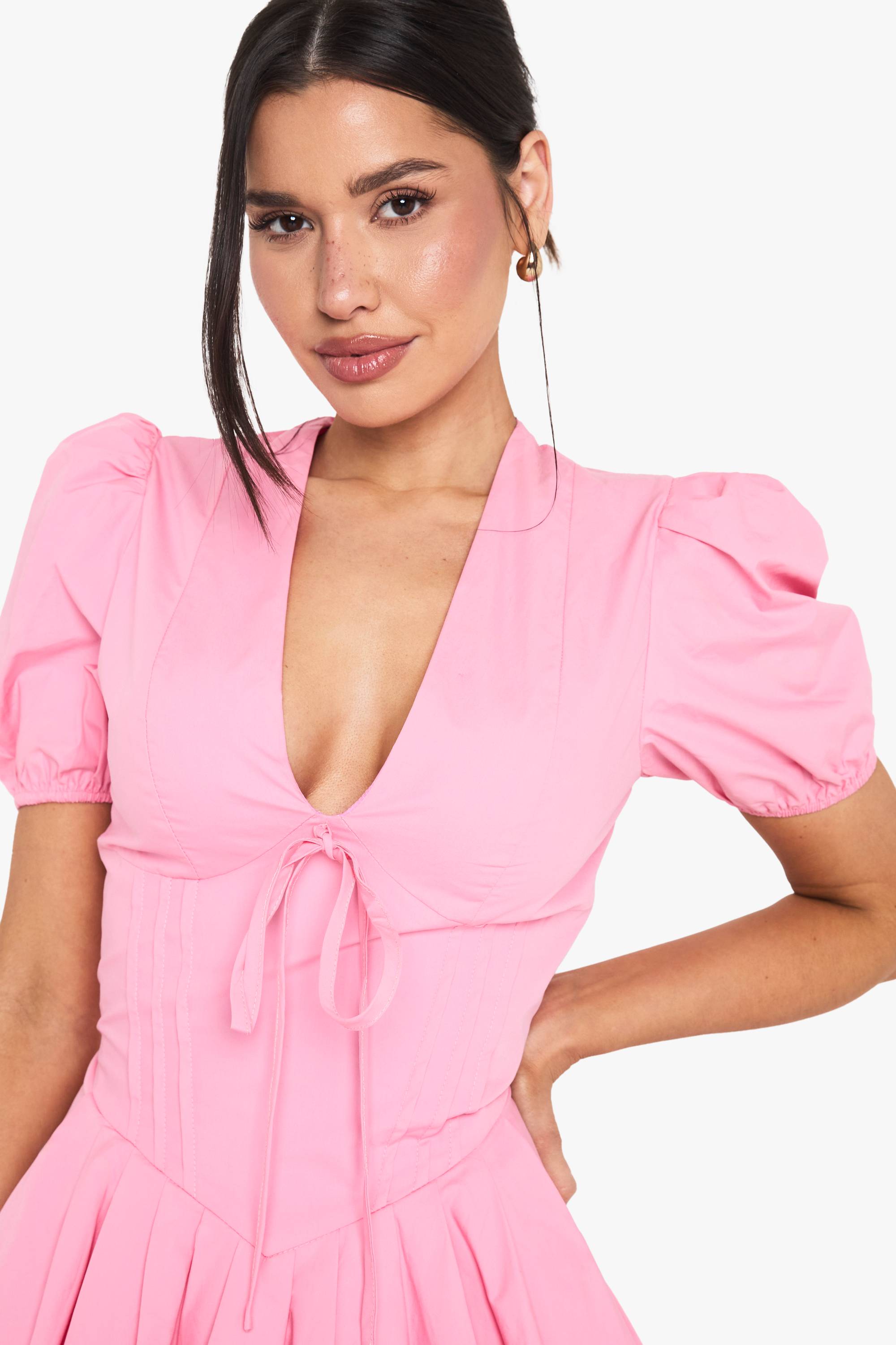 boohoo Robe skater longue avec détails de corset, manches bouffantes et style laitière