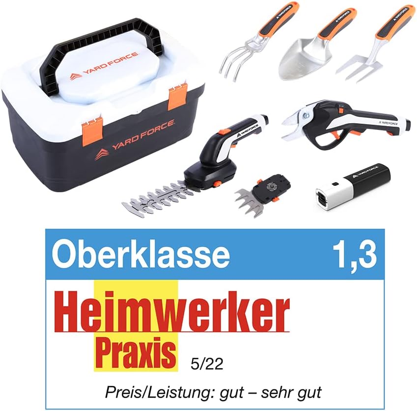 Yard Force VITA Gartenwerkzeug Set 6-teilig inkl. Koffer I Elektrische Grasschere mit 4Ah Akku & Ladegerät I Hochwertige Gartengeräte für kleine Gärten und Balkon
