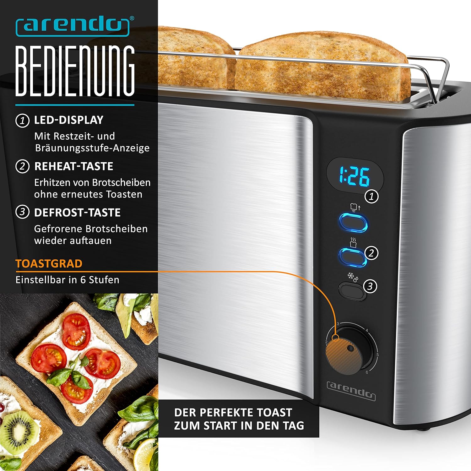 Arendo - Wasserkocher mit Toaster SET, Edelstahl Silber Wasserkocher 1,5L 40° - 100°C Warmhaltefunktion Toaster 2 Scheiben Display 6 Bräunungsgrade Brötchaufsatz