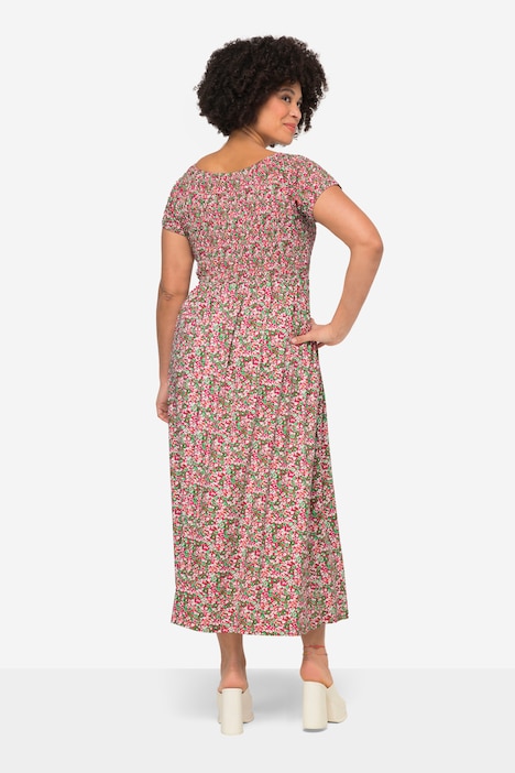 Jersey-Maxikleid, Alloverdruck, gesmokte Büste, Halbarm