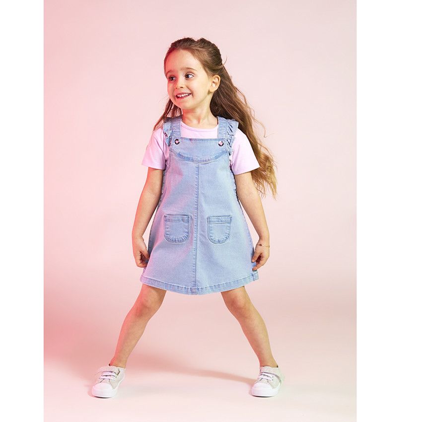 Robe salopette en denim avec boutons coeurs pour fille - Bleu