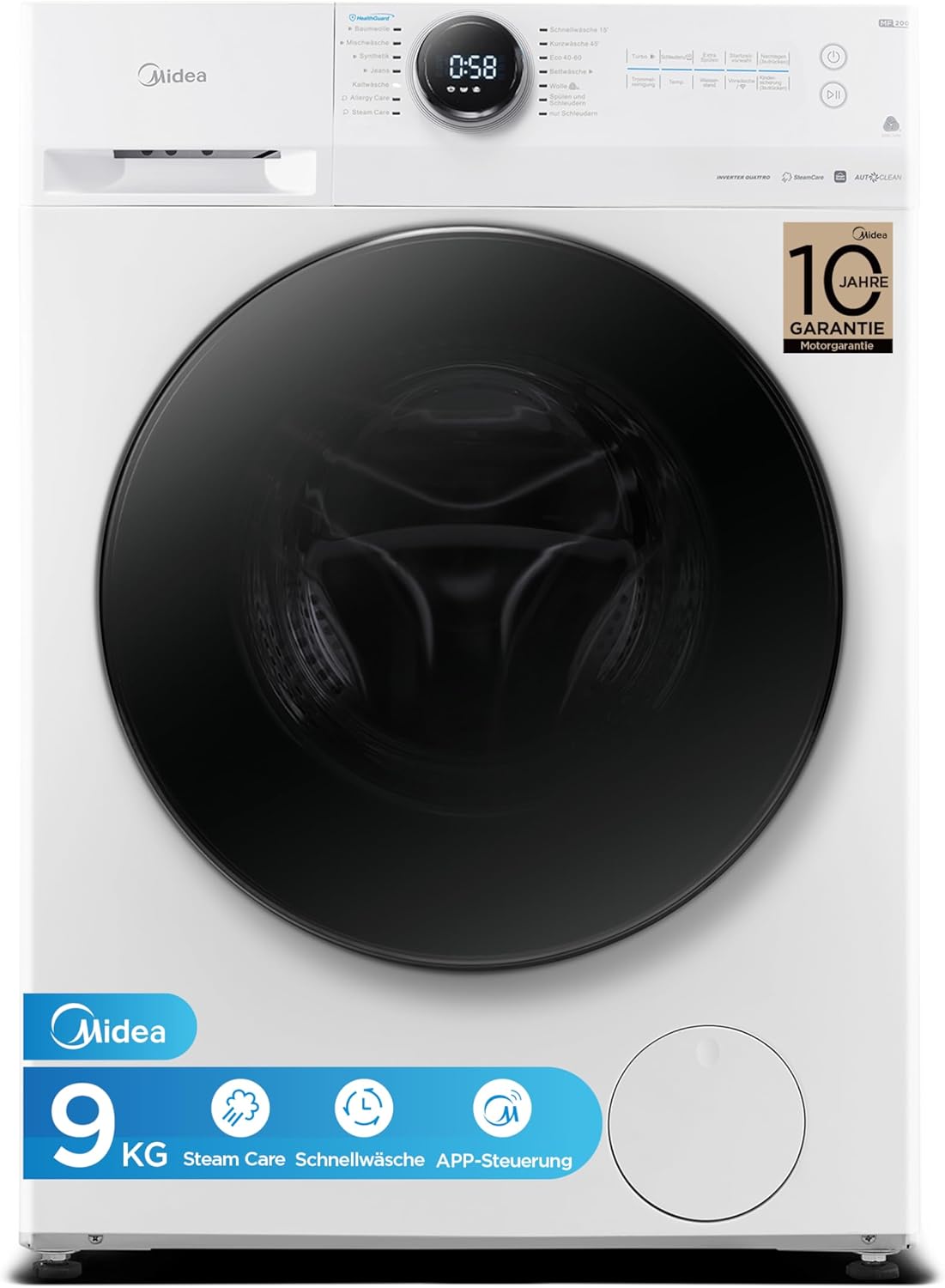 Midea MF200W90WB-14A Waschmaschine / 9KG / A/Leiser & effizienter Inverter Motor/HealthGuard-System/Steam Care/Nachlegefunktion/APP-Steuerung/AquaStop, Weiß