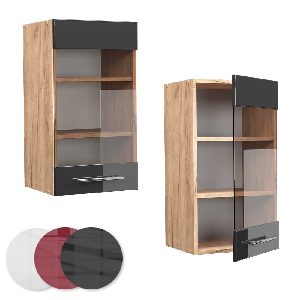 Vicco Hängeglasschrank Küchenschrank Küchenmöbel Fame-Line Eiche Anthrazit modern 40 cm Küche Einbauküche Hängeschrank Glasschrank Drehtür Einlegeboden Küchenzeile Hochglanz