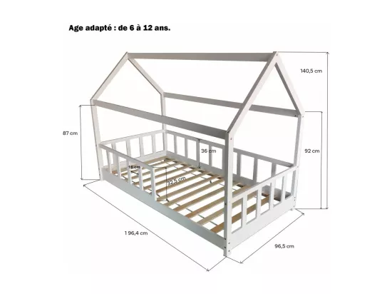 Lit cabane Kiwi 90x190 + 1 sommier + barrière /Blanc