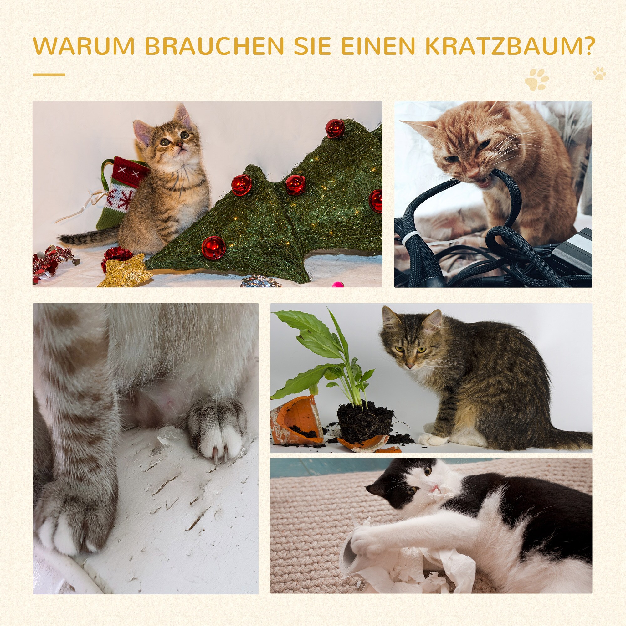 PawHut Kletterbaum mit 5 Ebenen beige, grau 48 x 48 x 101 cm (LxBxH)