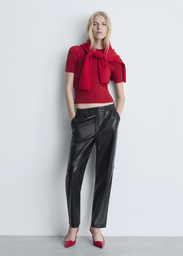 MANGO Leather-effect elastic waist trouse Black