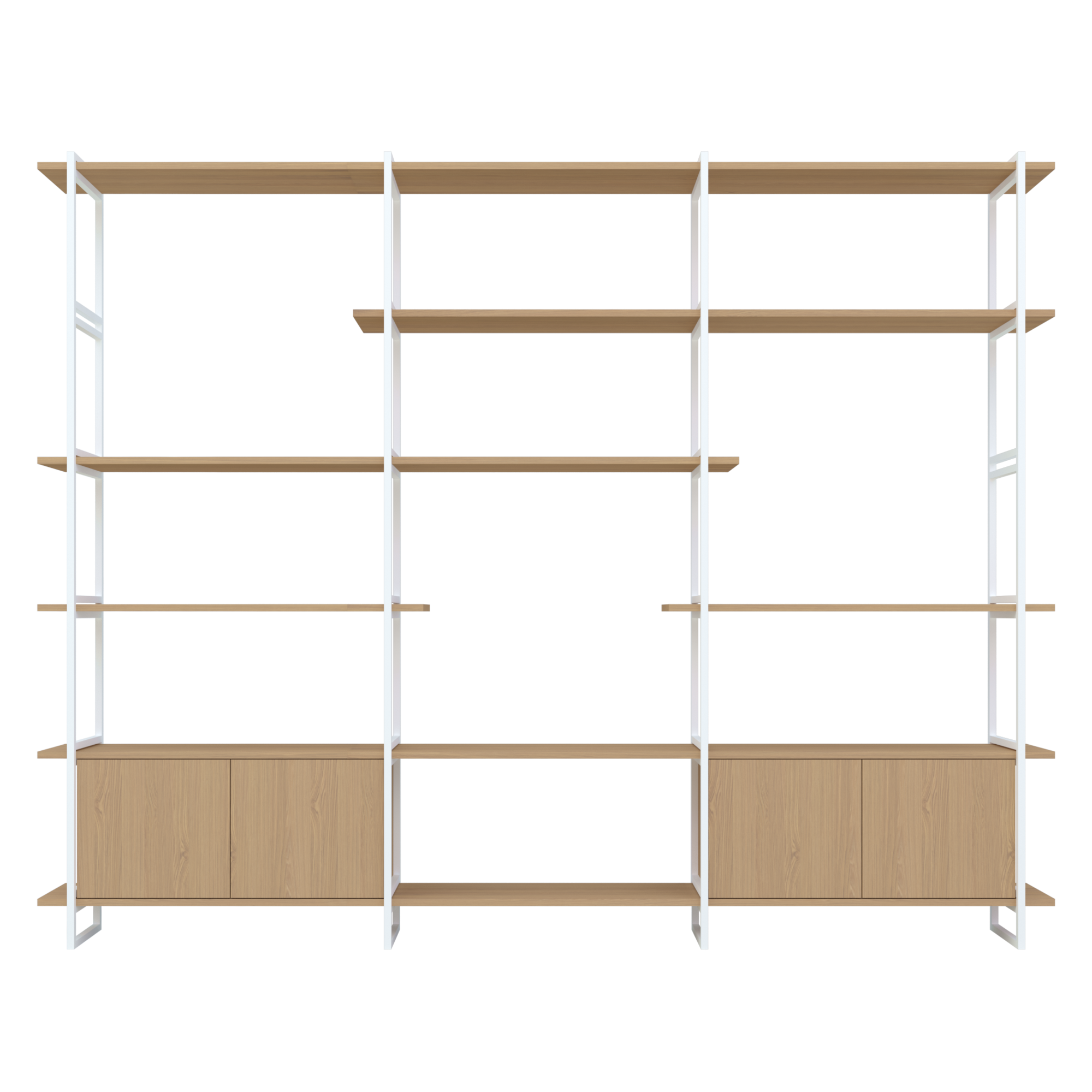 Modular Cabinet MC-6L Wandkast Hardwax Olie 3041, 3 x plank Large, 2 x plank Medium, 2 x plank small, 2 x Closed Oak Cabinets, Wit Frame