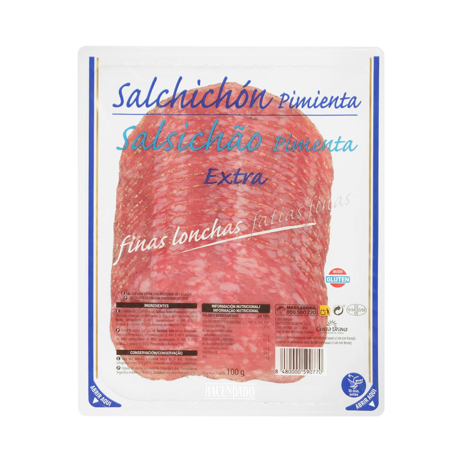 Salchichón extra poivré Hacendado, fines tranches