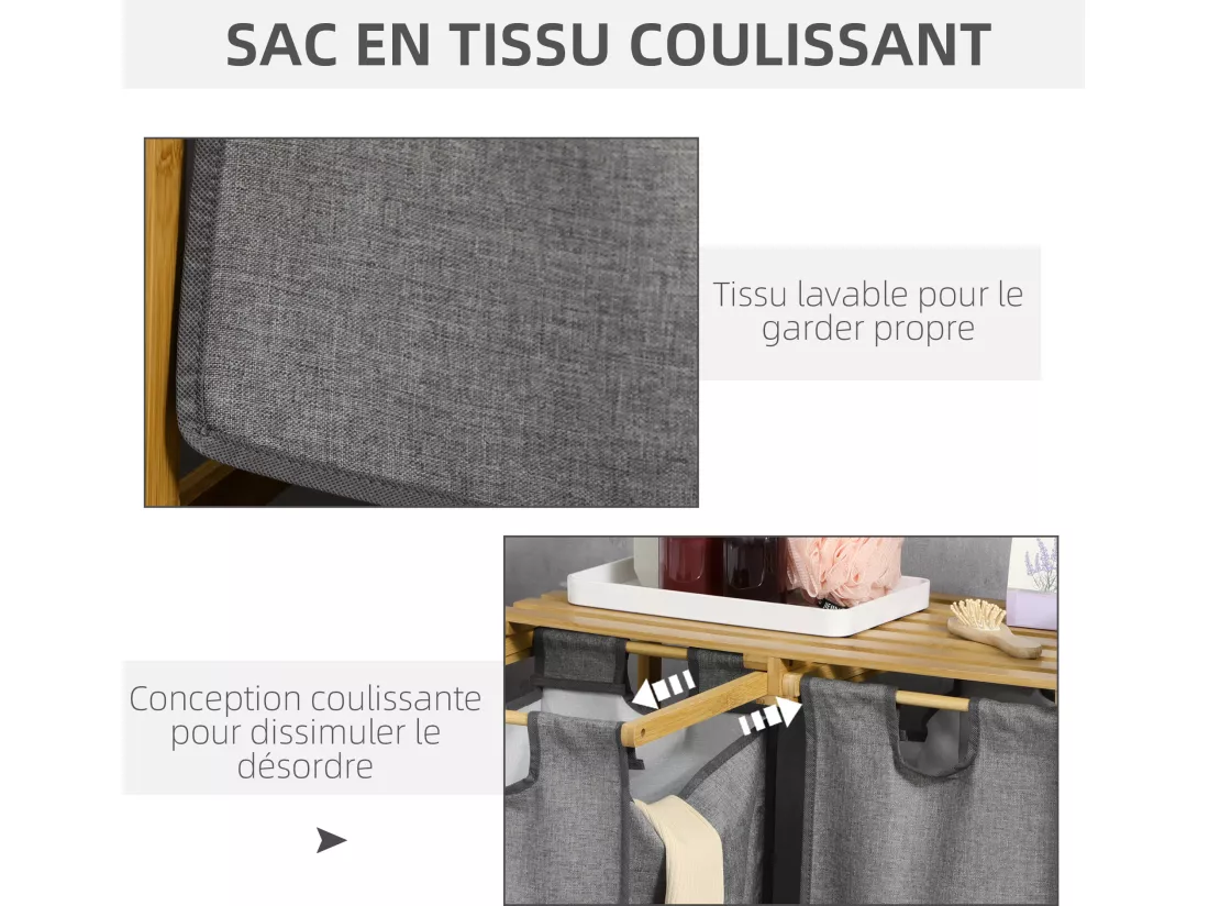 Panier à linge corbeille à linge en bambou 2 paniers amovibles non-tissé gris foncé