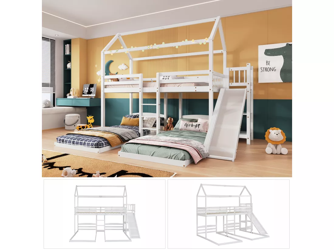 Lits superposés triples 3 x 90 x 200 cm avec toboggan et étagères - sommier à lattes seul au dessus - pin + MDF - blanc (sans matelas)