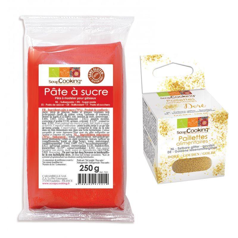 Pâte à sucre rouge 250 g + paillettes dorées Scrapcooking