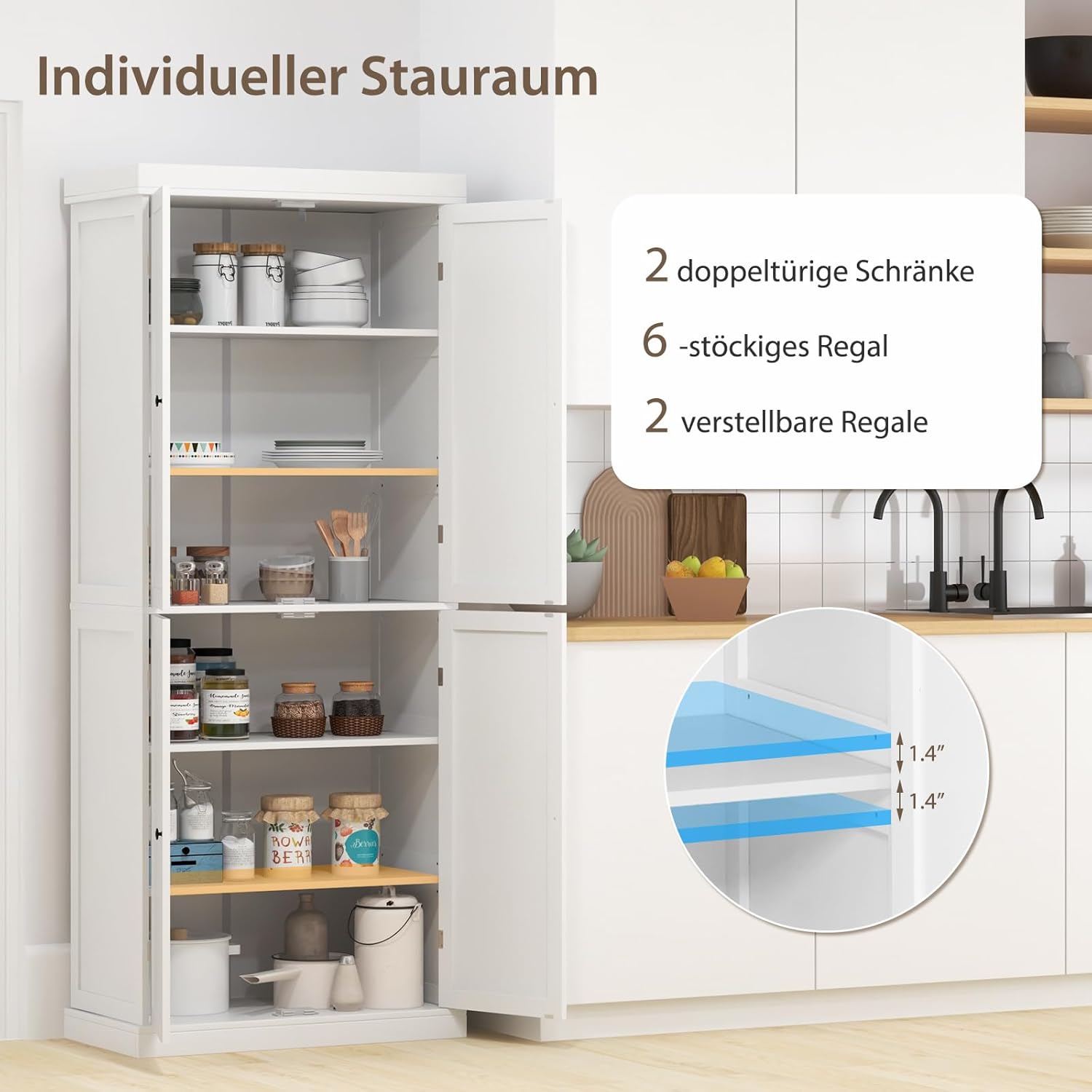 COSTWAY 6 stöckiger Küchenschrank, Hochschrank Küche mit 4 Türen & verstellbaren Regalen, Vorratsschrank freistehend, für Badezimmer, Wohnzimmer, Esszimmer, Büro, 76 x 40 x 184,5 cm, Weiß