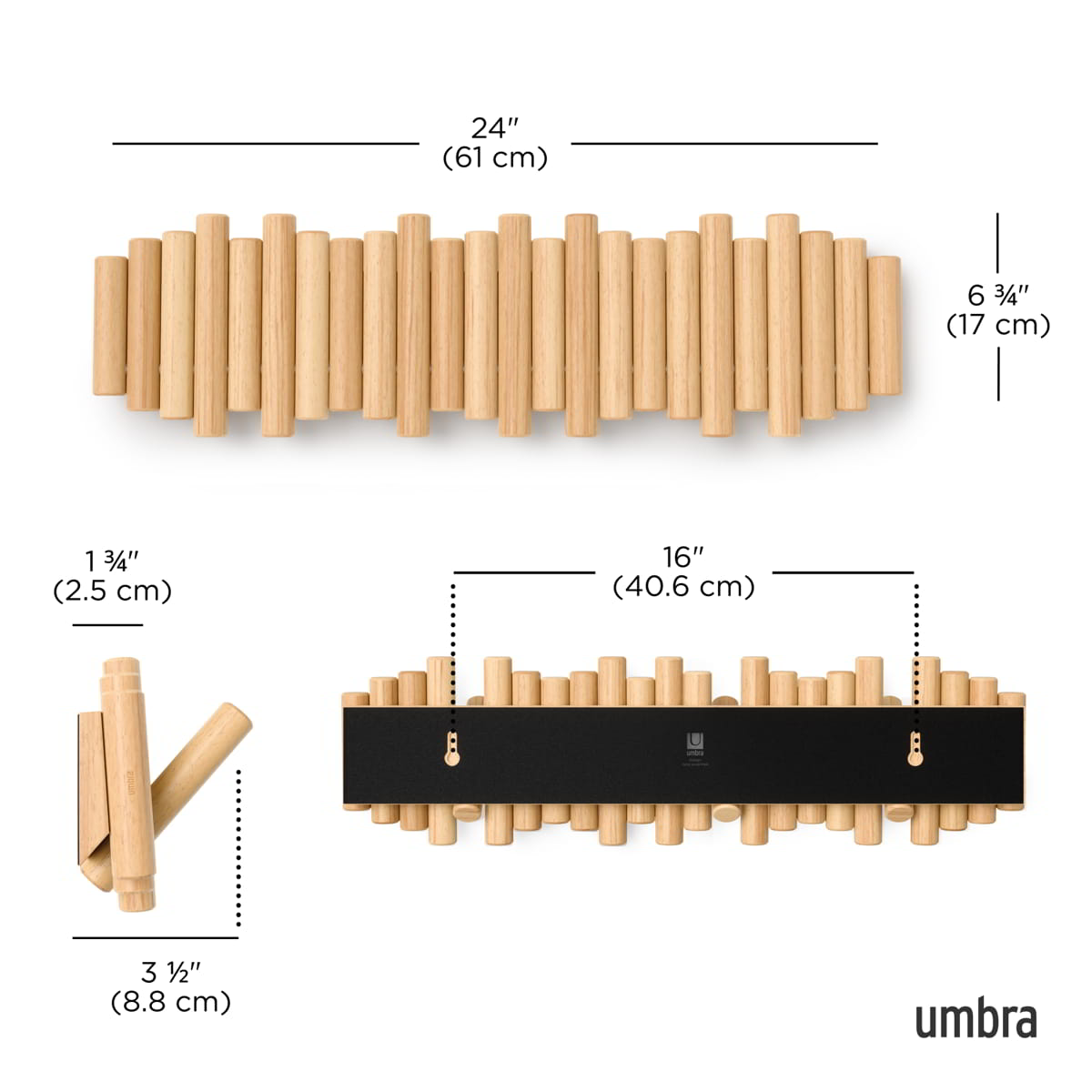 WandkapstokUmbra Picket 8 haken naturel hout
