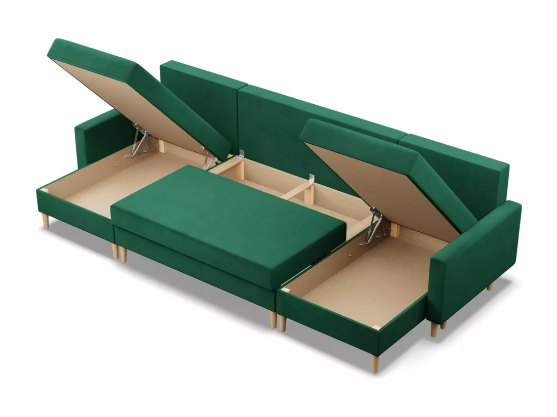 Grand Canapé d'angle en U avec fonction sommeil, Coussin réversible, Bonell, Vert