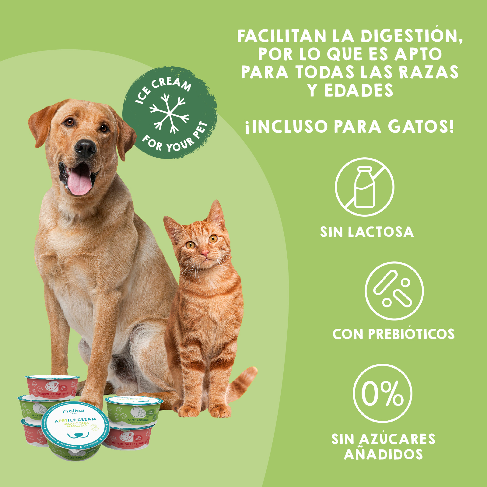 Sorvete para cães e gatos com prebióticos. MAIKAI PETS. Pacote com 6 unidades (6 x 110 g). Sabores: Iogurte com maçã e kiwi, e Iogurte com melancia e frutas vermelhas.
