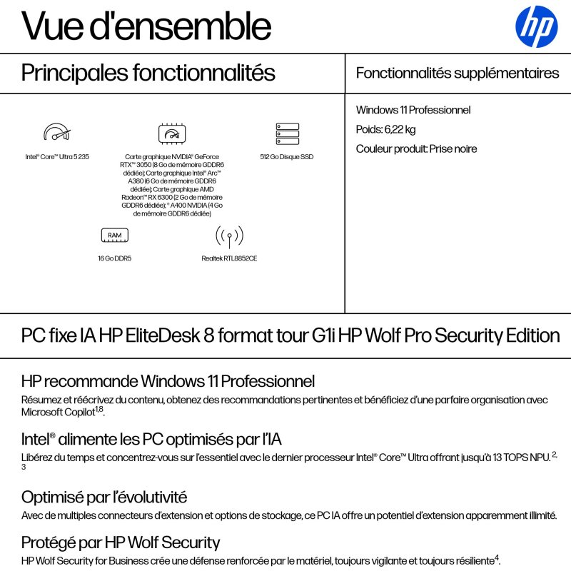 HP EliteDesk 8 Tower G1i AI Wolf Pro Security Edition Intel Core Ultra 5 235 16 Go DDR5-SDRAM 512 Go SSD Windows 11 Pro PC AI PC Noir
